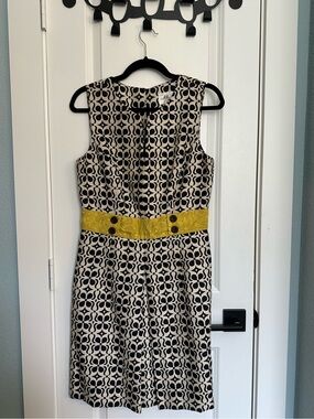 Milly Black & Cream Geometric Sleeveless Midi Dress with Yellow Waistband